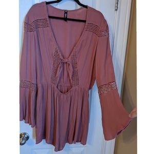 Boho Romper with front tie w/ Bell Sleeves